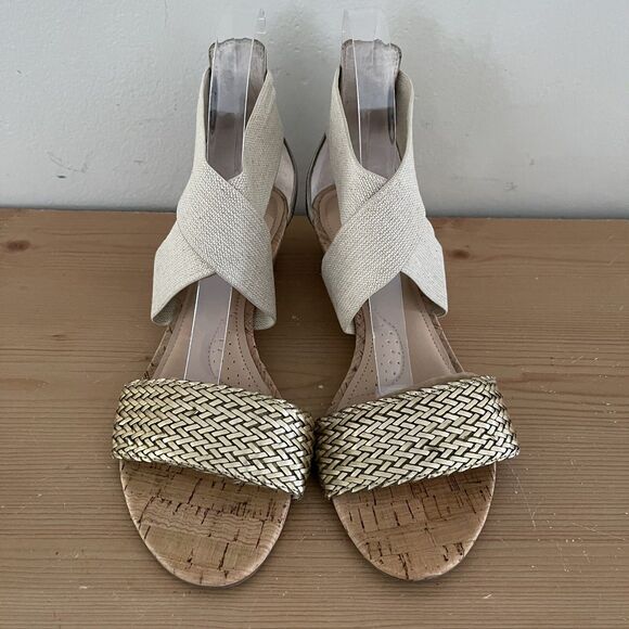Ellen Tracy Boho Cork Wedge Ankle Sandals Size 7.5 Gold Woven Tan Elastic Straps - Picture 3 of 11